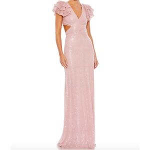 MAC DUGGAL Dress Size 4 Evening Gown Sequin Rose Pink NEW Ruffle Sleeve Tie Back